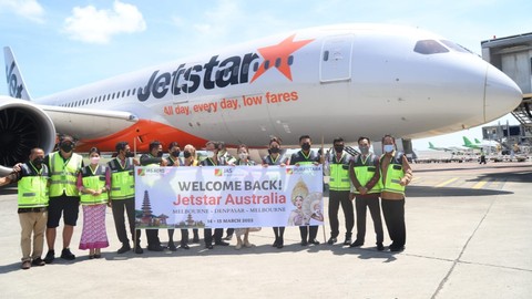 Jetstar Buka Rute Bali-Melbourne, Selasa (15/3/2022). Foto: Angkasa Pura I