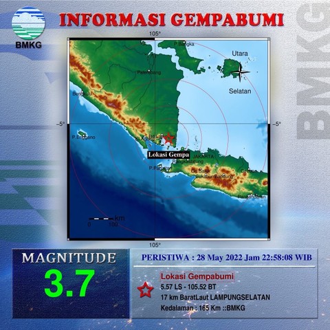Gempa 3.7 Magnitudo Guncang Lampung Selatan Malam Ini