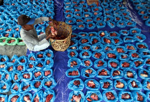 Panitia kurban menata daging sapi kurban yang akan dibagikan kepada warga di Desa Mon Geudong, Lhokseumawe, Aceh, Minggu (10/7/2022). Foto: Rahmad/Antara Foto