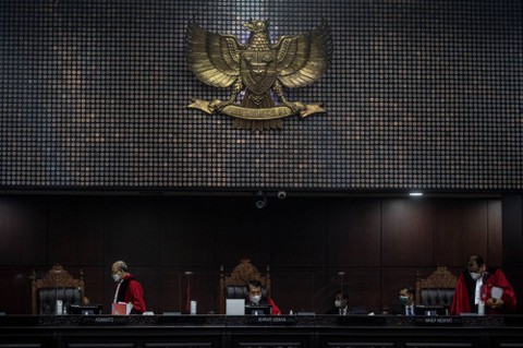 Suasana sidang putusan uji materi Undang-Undang Nomor 35 Tahun 2009 tentang Narkotika terhadap UUD 1945 di Ruang Sidang Gedung MK, Jakarta, Rabu (20/7/2022). Foto: Aprilio Akbar/ANTARA FOTO