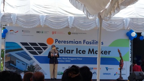 Direktur Aneka Energi Baru Terbarukan (EBT) Ditjen EBT dan Konservasi Energi Kementerian ESDM Andriah Feby Misna memberikan sambutan saat peresmian fasilitas Solar Ice Maker di Sulamu, NTT, Senin (31/10). Foto: Fachrul Irwinsyah/kumparan