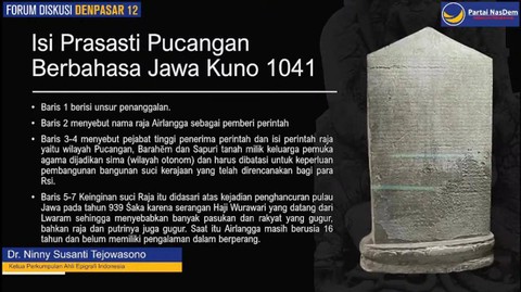 Deskripsi Prasasti Pucangan dipresentasikan oleh Ketua Perkumpulan Ahli Epigrafi Indonesia (PAEI) Ninny Susanti Tejowasono saat diskusi Repatriasi Prasasti Pucangan dari India, Rabu (14/9/2022). Foto: Youtube/Rerie Lestari Moerdijat