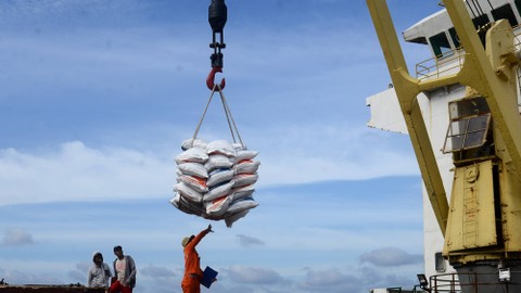 Buruh pelabuhan menurunkan beras impor asal Vietnam dari kapal kargo di Pelabuhan Malahayati, Kabupaten Aceh Besar, Aceh, Kamis (5/1/2023). Foto: ANTARA FOTO/Ampelsa