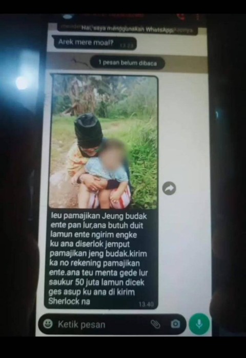 Pesan penculik ke suami korban, meminta tebusan Rp 50 juta.  Foto: Dok. Istimewa
