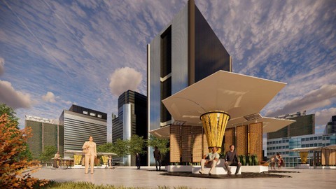 Tampilan desain ruang publik yang futuristik dan ramah lingkungan di wilayah perkotaan gagasan dari tim mahasiswa ITS.