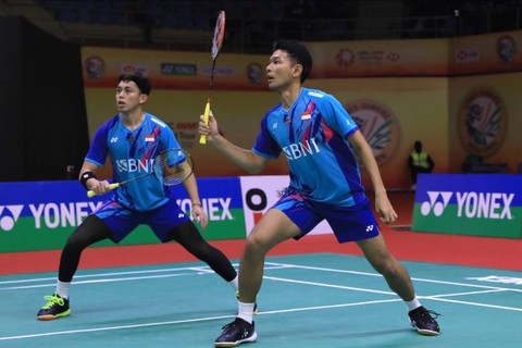 Ganda putra Indonesia, Fajar Alfian/Rian Ardianto, di babak 16 besar India Open 2023 di K. D. Jadhav Indoor Hall, New Delhi, India, Kamis (19/1/2023). Foto: Dok. PBSI