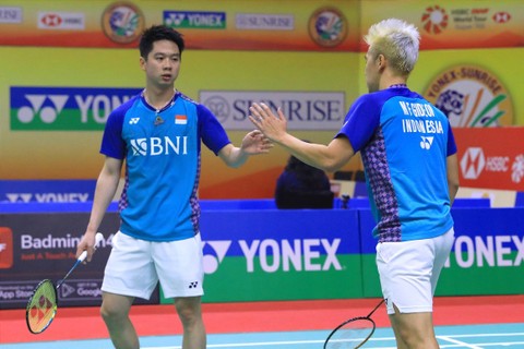 Ganda putra Indonesia, Marcus Gideon/Kevin Sanjaya, di babak 16 besar India Open 2023 di K. D. Jadhav Indoor Hall, New Delhi, India, Kamis (19/1/2023). Foto: Dok. PBSI