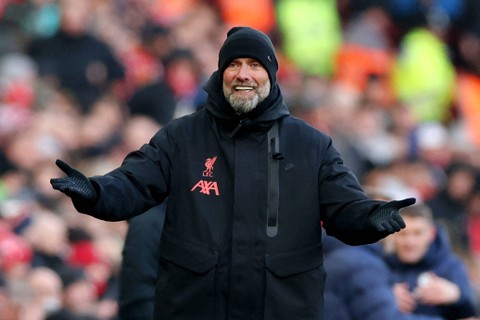 Manajer Liverpool Juergen Klopp pada pertandingan Liverpool vs Chelsea di Stadion Anfield, Liverpool, Inggris, Sabtu (21/1/2023). Foto: Phil Noble/REUTERS