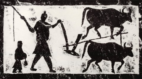 Gambar kuno dari China menunjukkan seorang petani dan bajak sapi yang merupakan gambaran umum tentang kehidupan pertanian negara itu selama lebih dari seribu tahun.