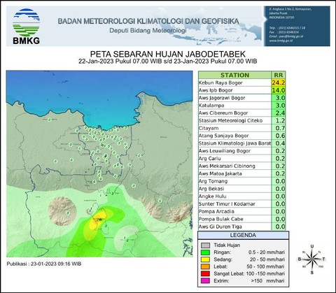 Peta sebaran hujan saat Hari Raya Imlek, Minggu (22/1/2023). Foto: Dok. BMKG