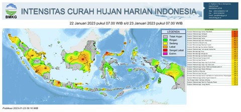 Peta sebaran hujan saat Hari Raya Imlek, Minggu (22/1/2023). Foto: Dok. BMKG