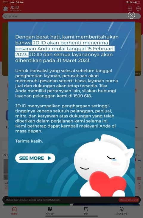 JD.ID Tutup Layanan 15 Februari 2023. 
 Foto: Tangkapan layar di situs JD.ID 