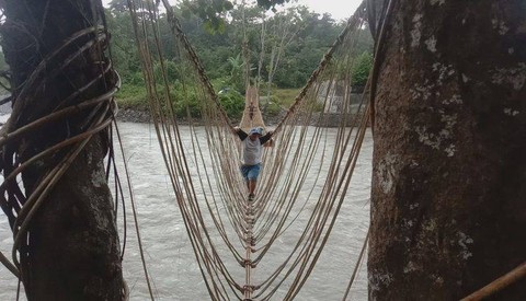 Warga melintas di jembatan gantung yang membentang di Sungai Digoel, Kabupaten Pegunungan Bintang Provinsi Papua Pegunungan. Foto: Abdel Syah/BumiPapua