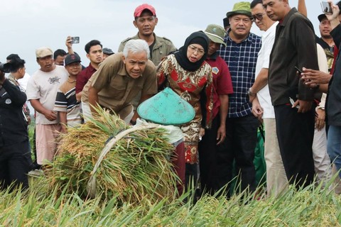 Gubernur Jawa Tengah, Ganjar Pranowo, berbincang dengan petani saat sidak Stok Beras, Sabtu (11/2). Foto: Dok. Istimewa