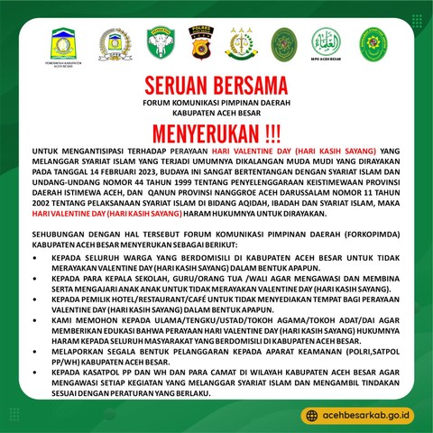 Pemerintah Aceh Besar Larang Warga Rayakan Valentine Day, Hukumnya Haram