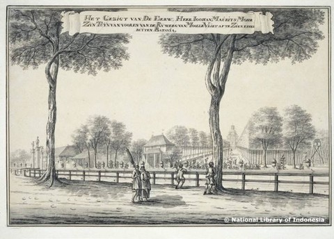 Lukisan kawasan Gajah Mada zaman Batavia. Bangunan yang mencuat paling tinggi diketahui adalah Observatorium Mohr. Foto: Perpustakaan Nasional Indonesia