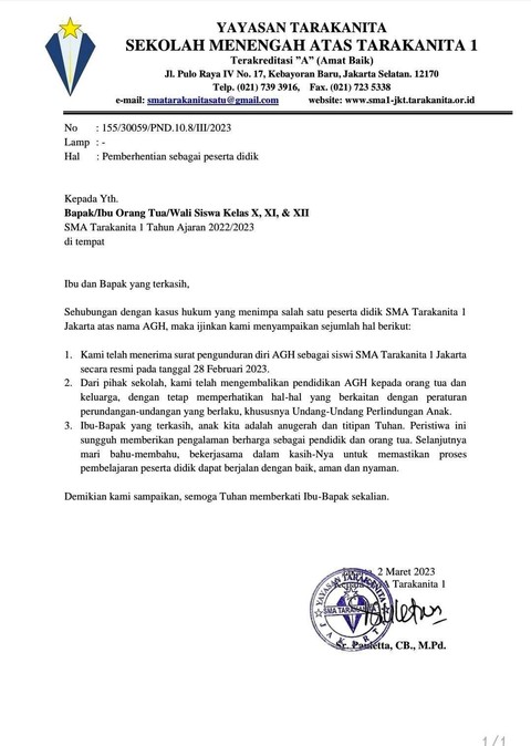 Surat pernyataan pengunduran diri perempuan A dari SMA Tarakanita 1 Jakarta. Dok: Istimewa