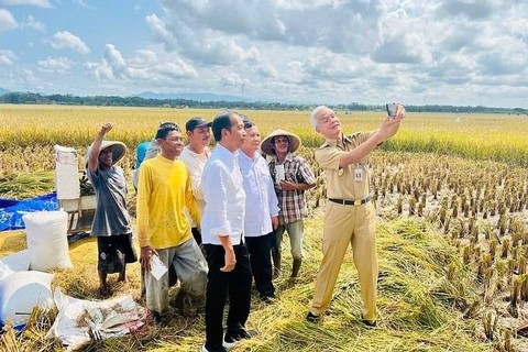 Presiden Joko Widodo bersama Menhan Prabowo Subianto dan Gubernur Jateng Ganjar Pranowo meninjau panen raya di Kebumen, Jawa Tengah, Kamis (9/3/2023).  Foto: Instagram/@ganjar_pranowo