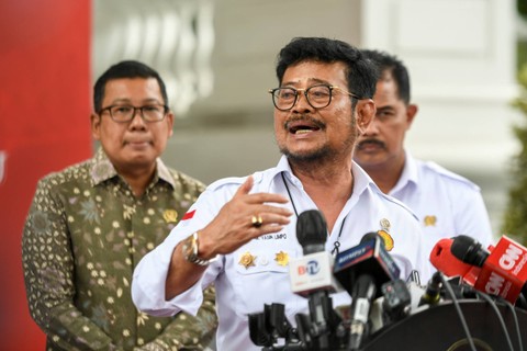 Menteri Pertanian Syahrul Yasin Limpo memberikan keterangan pers usai mengikuti rapat tentang pangan di Kompleks Istana Kepresidenan, Jakarta, Rabu (15/3/2023). Foto: Hafidz Mubarak A/ANTARA FOTO