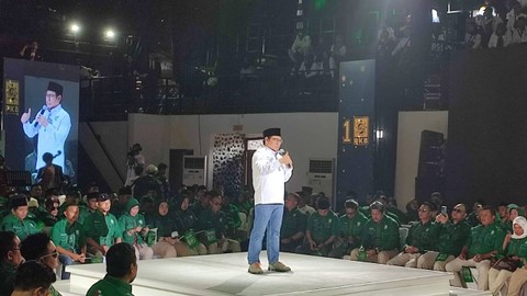 Muhaimin Iskandar alias Cak Imin saat menyampaikan keterangan dalam kegiatan Apel Akbar PKB di GOR Saparua, Kota Bandung. Foto: Rachmadi Rasyad/kumparan
