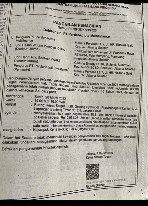 Surat pemanggilan Hendi Prio Santoso oleh Satgas BLBI. Dok Istimewa