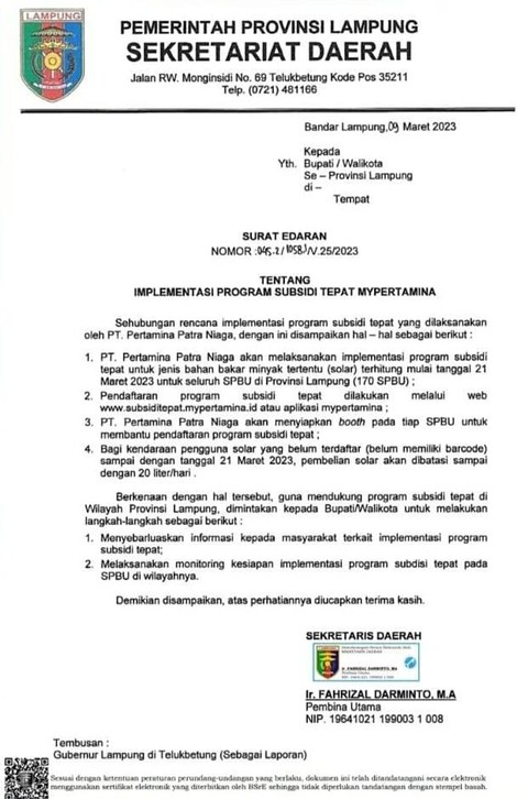Pemerintah Provinsi Lampung telah mengeluarkan surat edaran terkait implementasi program subsidi tepat My Pertamina. | Dok. Dinas ESDM Lampung