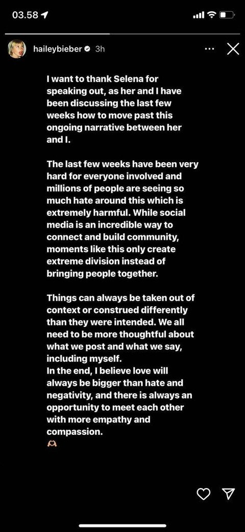 Hailey Bieber ucapkan terima kasih ke Selena Gome. Foto: Instagram @haileybieber