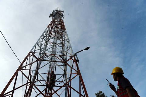 Pekerja melakukan pemeliharaan jaringan di salah satu tower BTS XL di Luwuk Banggai, Sulawesi Tengah, Kamis (16/3/2023). Foto: Yusran Uccang/ANTARA FOTO 