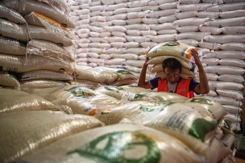 Pekerja memindahkan karung berisi beras di gudang milik Perum Bulog Kantor Wilayah Sumsel-Babel di Palembang, Sumatera Selatan, Selasa (4/3/2023). Foto: Nova Wahyudi/Antara Foto