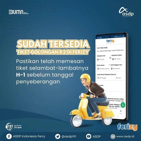 PT ASDP Indonesia Ferry mengumumkan tiket kapal penyeberangan khusus untuk kendaraan roda dua dari Ciwandan ke Lampung sudah tersedia di Ferizy. | Foto : Dok. PT ASDP Indonesia Ferry