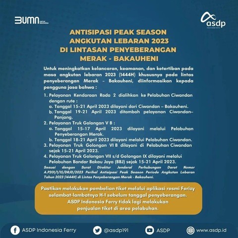 PT ASDP Indonesia Ferry mengumumkan tiket kapal penyeberangan khusus untuk kendaraan roda dua dari Ciwandan ke Lampung sudah tersedia di Ferizy. | Foto : Dok. PT ASDP Indonesia Ferry