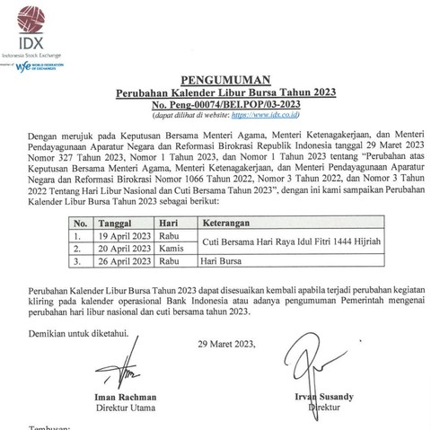 Pengumuman libur Bursa Efek Indonesia (BEI) terkait cuti bersama Hari Raya Idul Fitri 1444 Hijriah. Foto: BEI