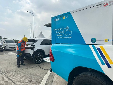 Salah satu Stasiun Pengisian Kendaraan Listrik Umum (SPKLU) mobile di rest area. Foto: PLN