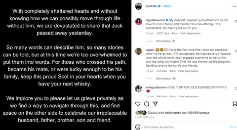 Pernyataan keluarga Juri MasterChef Australia, Jock Zonfrillo meninggal dunia. Foto: Dok. Istimewa