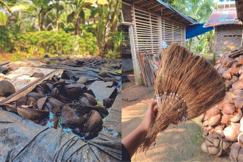 Rendaman tepes kelapa dan hasil akhir sapu tepes kelapa. (Sumber gambar: Dokumen pribadi)
