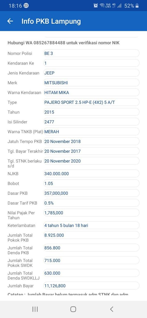 Informasi pajak kendaraan bermotor milik mobil dinas Ketua DPRD Lampung yang diduga menunggak pajak. | Foto : Twitter @PartaiSocmed