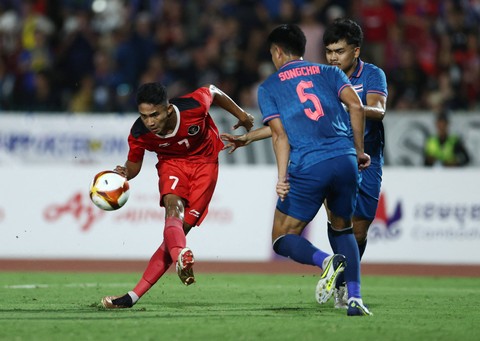 Marselino Ferdinan di laga final SEA Games 2023 melawan Thailand. Foto: Cindy Liu/REUTERS