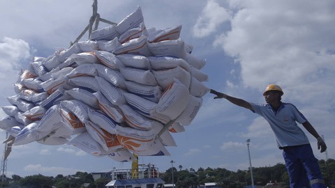 Buruh pelabuhan menurunkan sejumlah karung beras impor dari Vietnam dari atas kapal di Pelabuhan Multiguna, Tenau Kupang, NTT, Sabtu (20/5/2023). Foto: ANTARA FOTO/Kornelis Kaha