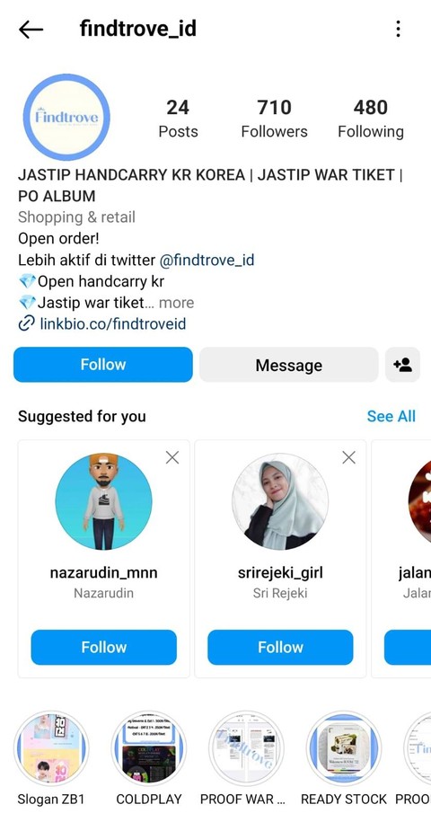 Tangkapan layar akun Instagram @Findtrove_Id yang melakukan penipuan jastip tiket Coldplay. Foto: Dok. Istimewa