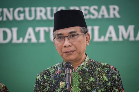 Ketua Umum Pengurus Besar Nahdlatul Ulama (PBNU), Yahya Cholil Staquf, usai kunjungan PP Muhammadiyah ke PBNU di Gedung PBNU, Jakarta, Kamis (25/5/2023). Foto: Jamal Ramadhan/kumparan