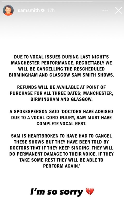 Klarifikasi Sam Smith. Foto: IG Story