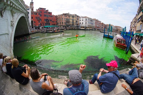 Warga melihat air di kanal Venesia berubah warna menjadi hijau di bawah Jembatan Rialto di Kanal Besar Venesia, Minggu (28/5/2023). Foto: Stringer/AFP