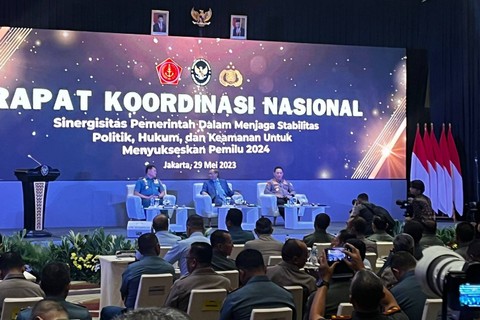 Rakornas sinergitas pemerintah untuk menjaga stabilitas hukum politik dan keamanan menjelang Pemilu 2024, di The Westin Hotel, Jakarta Selatan, Senin (29/5/2023).  Foto: Haya Syahira/kumparan