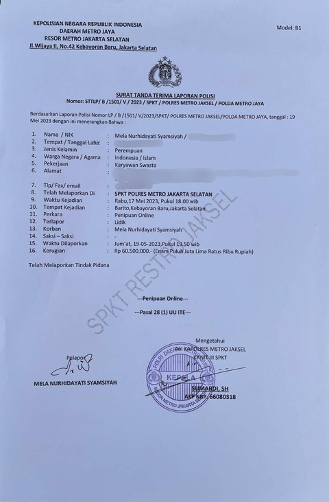 Surat laporan penipuan online. Foto: Dok. Pribadi/Mela