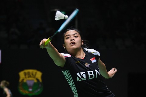 Pebulu tangkis tunggal putri Indonesia Gregoria Mariska Tunjung di babak pertama (32 besar) turnamen Indonesia Open 2023 di Istora Senayan, Jakarta, Selasa (13/6/2023). Foto: Aditya Pradana Putra/ANTARA FOTO