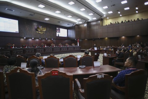 Suasana sidang putusan permohonan uji materi pasal dalam UU Nomor 7 tahun 2017 tentang Pemilu di Gedung Mahkamah Konstitusi (MK), Jakarta, Kamis (15/6/2023). Foto: Rivan Awal Lingga/ANTARA FOTO