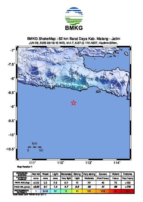 Gempa 4,7 magnitudo guncang Malang, Jatim, Senin (26/6/2023). Foto: BMKG