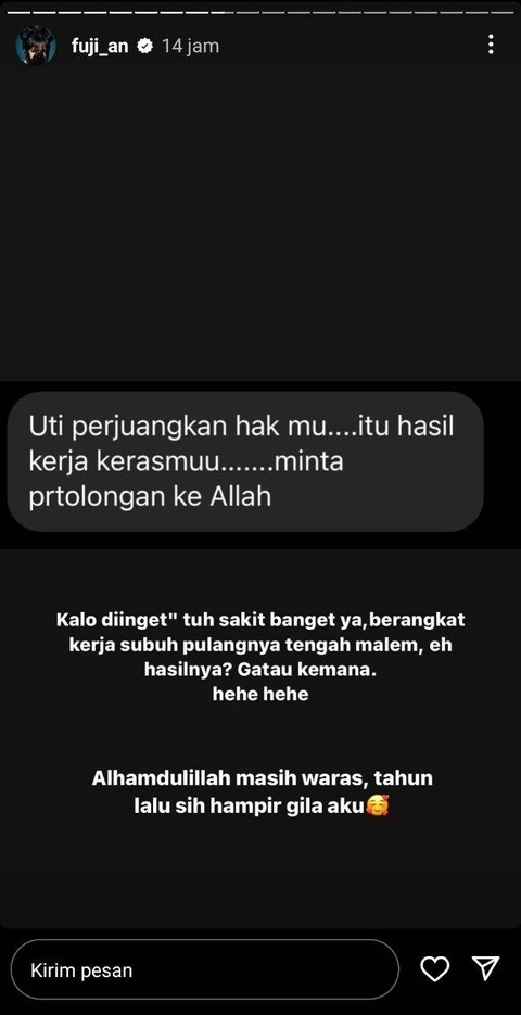 Curhat Fuji usai dirugikan mantan rekan kerja. Foto: Instagram Story @fuji_an