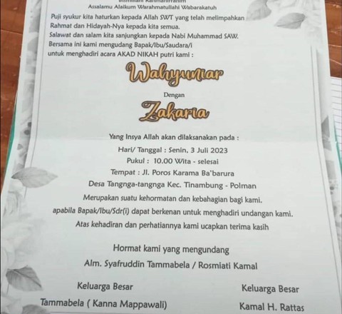 Undangan pernikahan Wahyuniar-Zakaria. Dok: Ist.