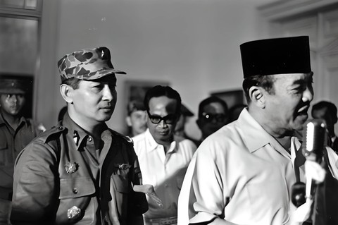 Gambar Presiden Sukarno dan Mayjen Soeharto ketika mengumumkan Surat Perintah Sebelas Maret. Foto: Bernay/Getty Images